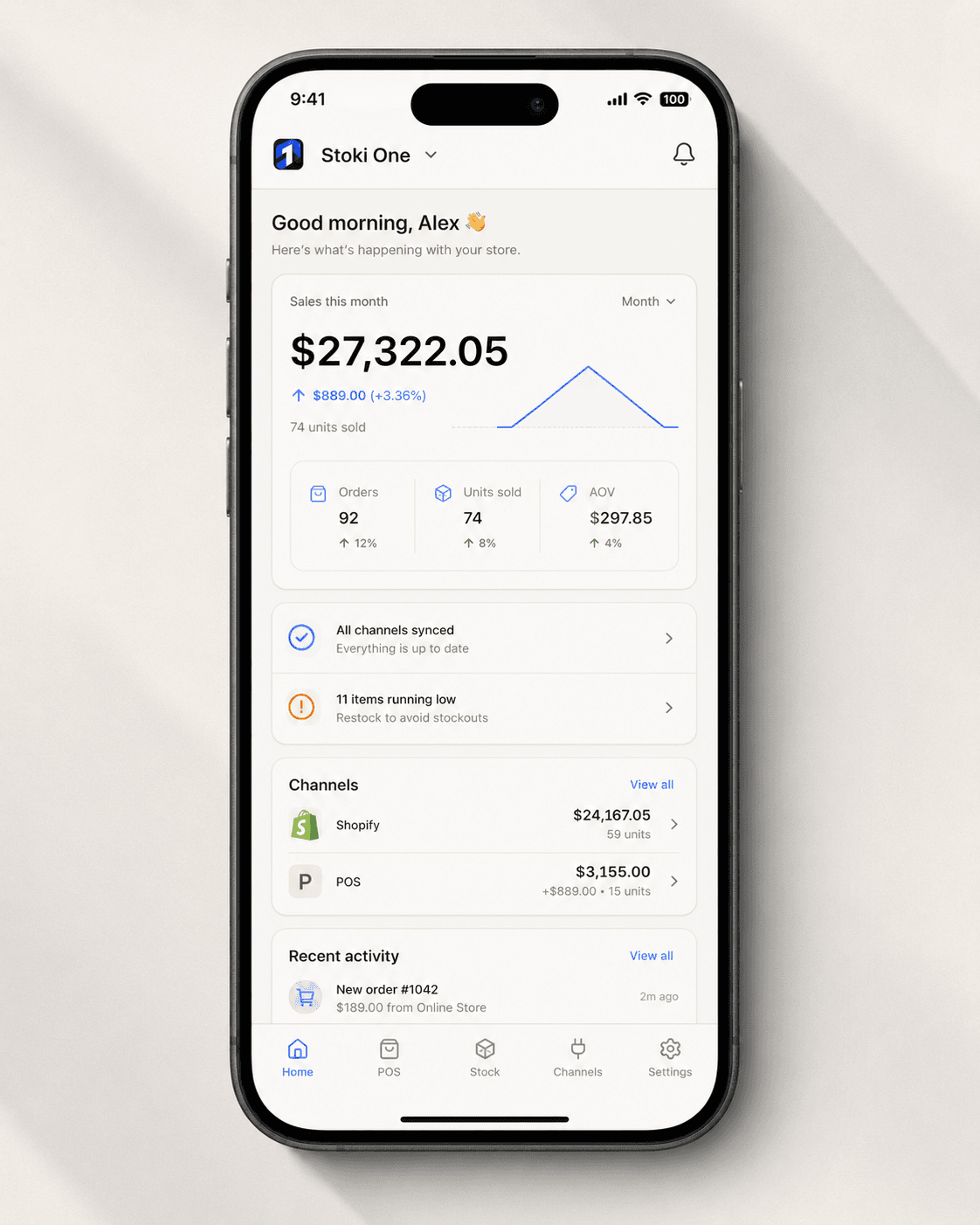 Stoki One home dashboard on iPhone